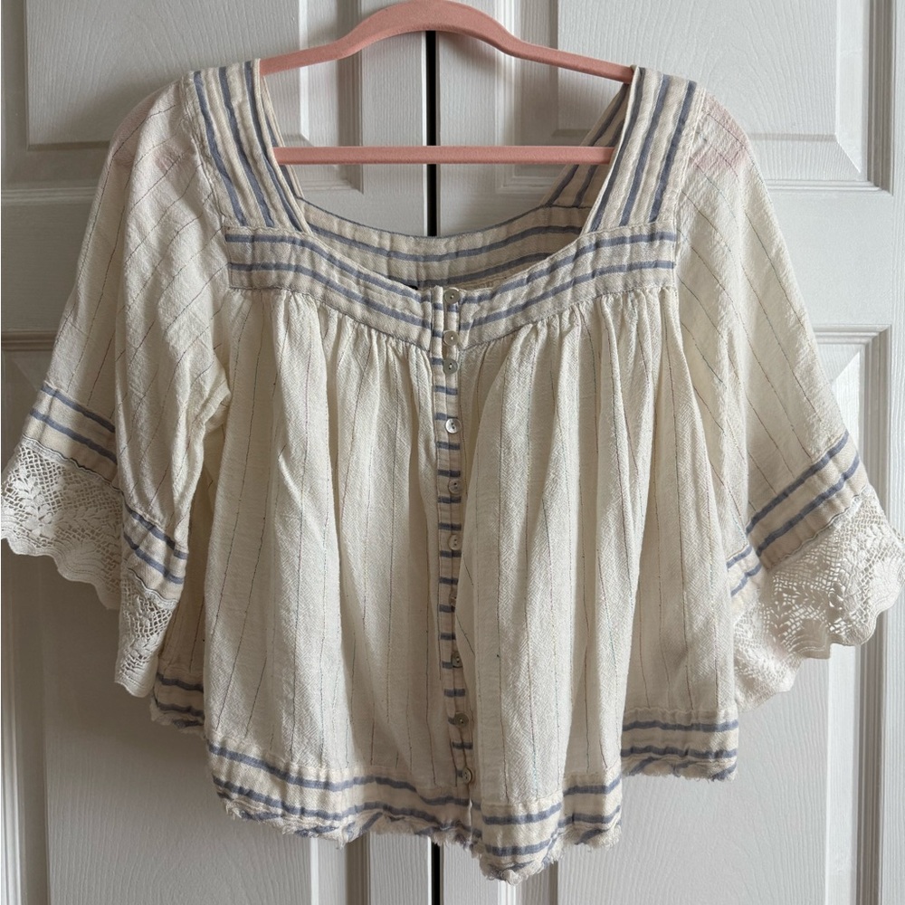 Free People Cream Peasant Blouse with Blue Stripes